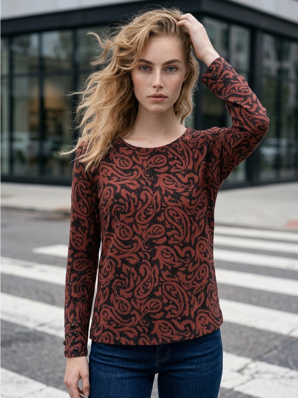 Chico's 100% Pima cotton- Woodblock Everyday Tee, 3/4 Sleeves. Sable